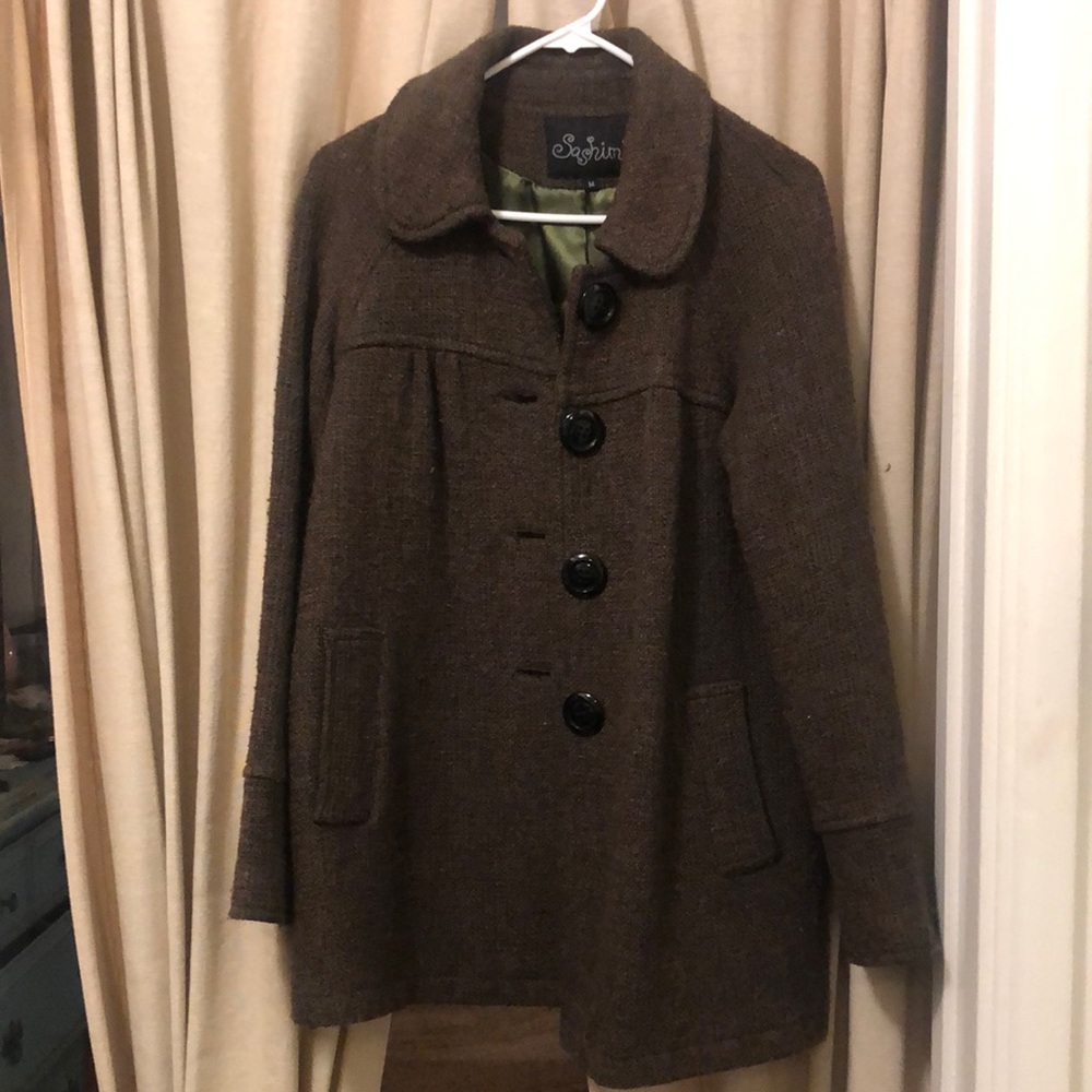 Chocolate brown coat with green satin lining